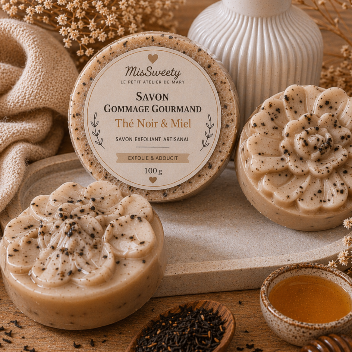 DOUCEUR Miel & Thé Noir Savon artisanal – Exfoliant Doux & Éclat